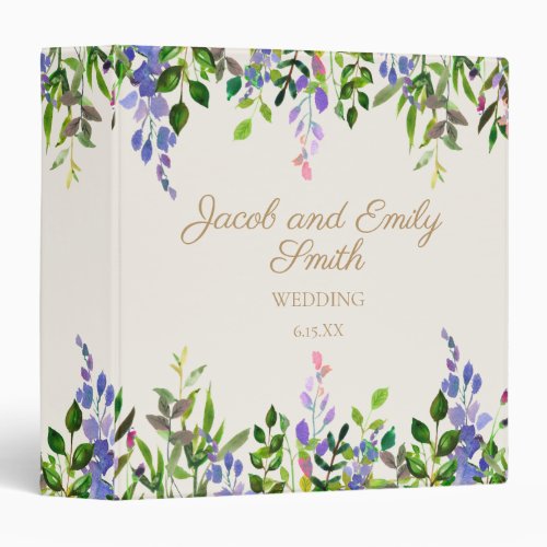 Purple Watercolor Floral Greenery Cream Wedding 3 Ring Binder