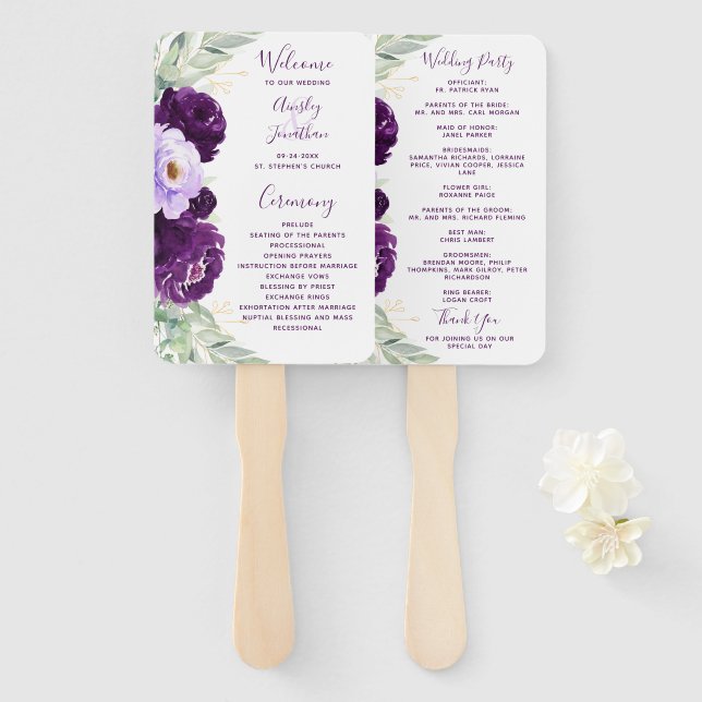Purple Watercolor Floral Greenery Wedding Program Hand Fan (Front and Back)