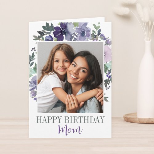 Purple Watercolor Floral Happy Birthday Mom Photo Card