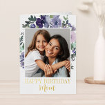 Purple Watercolor Floral Happy Birthday Mom Photo Foil Greeting Card<br><div class="desc">Celebrate mom with this elegant purple watercolor floral gold foil birthday card. Add a special photo to make this a custom birthday card that she will love. THE SAMPLE PHOTO IS NOT INCLUDED. REPLACE WITH YOUR OWN PHOTO BEFORE ORDERING.</div>