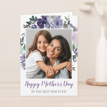 Purple Watercolor Floral Happy Mother's Day Photo Card by printcreekstudio at Zazzle