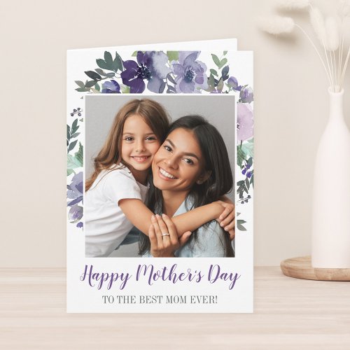 Purple Watercolor Floral Happy Mothers Day Photo Card