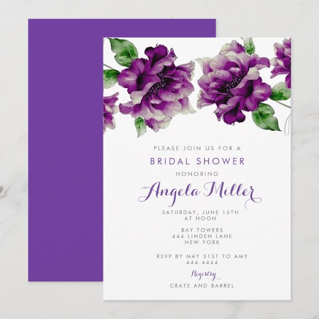Purple watercolor floral invitation (Front/Back)