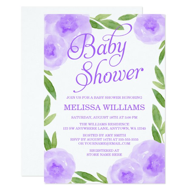 Purple Watercolor Floral Leaf Girl Baby Shower Invitation