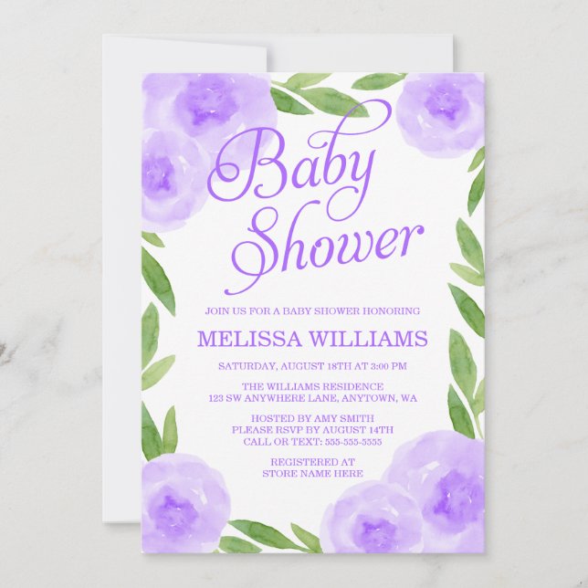 Purple Watercolor Floral Leaf Girl Baby Shower Invitation (Front)