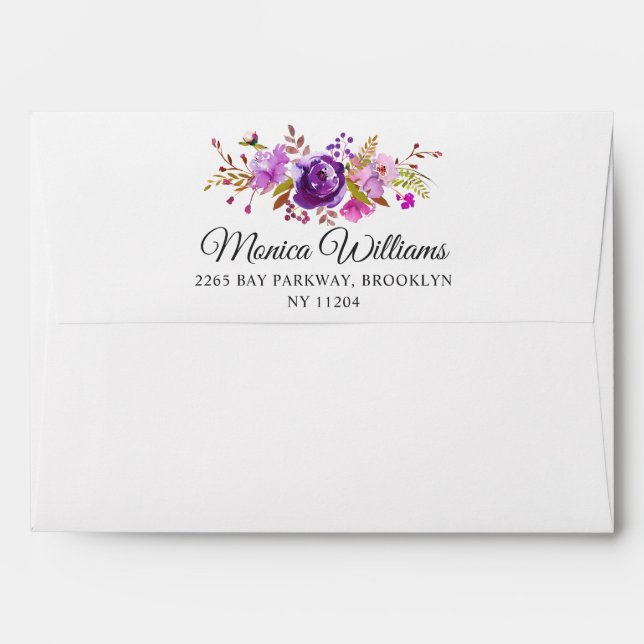 Purple Watercolor Floral Modern 5x7 card Envelope (Back (Top Flap))