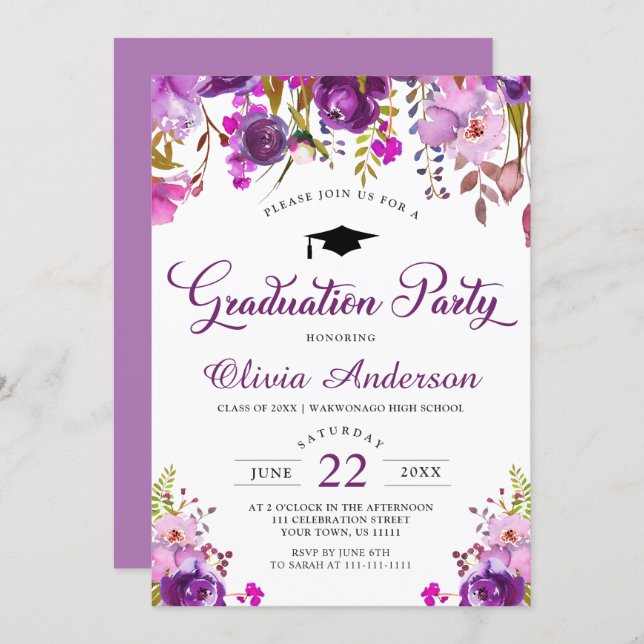 Purple Watercolor Floral Modern Graduation Party Invitation (Front/Back)