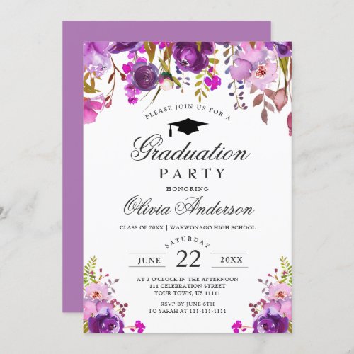 Purple Watercolor Floral Modern Graduation Party Invitation