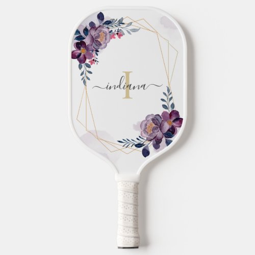 Purple Watercolor Floral Monogram Script Name Pickleball Paddle