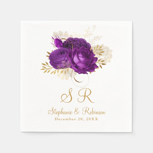 Purple Watercolor Floral Monogram Wedding Paper  Napkins (Front)