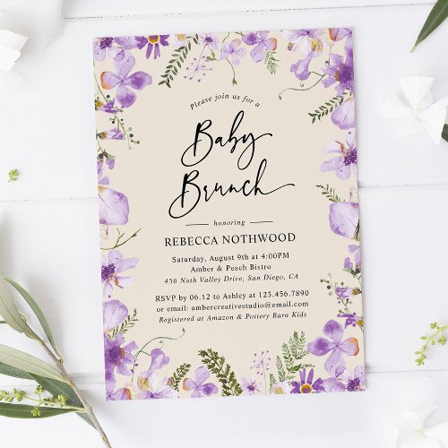 Purple Watercolor Floral Neutral Baby Brunch Invitation