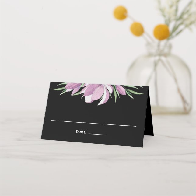 Purple Watercolor Floral on Black Place Card (Front)