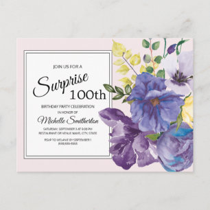 Purple Watercolor Floral on Pink 100th Birthday Postcard