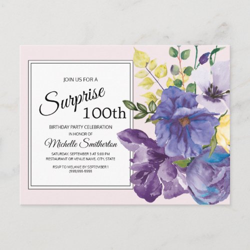 Purple Watercolor Floral on Pink 100th Birthday Postcard