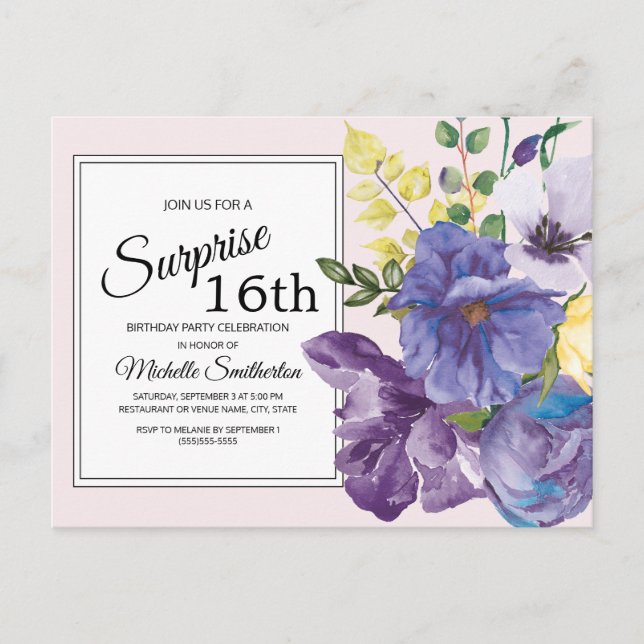 Purple Watercolor Floral on Pink 16th Birthday Postcard (Front)