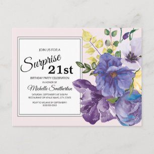 Purple Watercolor Floral on Pink 21st Birthday Postcard