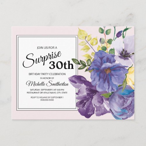 Purple Watercolor Floral on Pink 30th Birthday Postcard