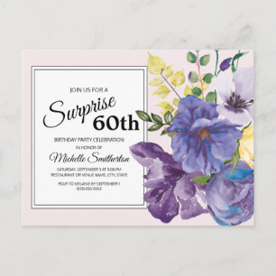 Purple Watercolor Floral on Pink 60th Birthday Postcard