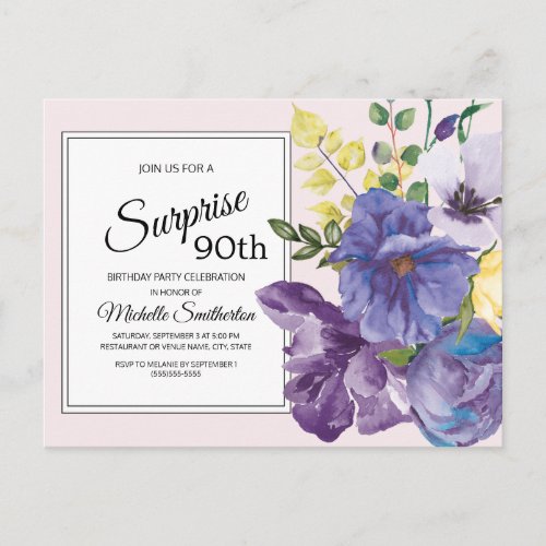 Purple Watercolor Floral on Pink 90th Birthday Postcard