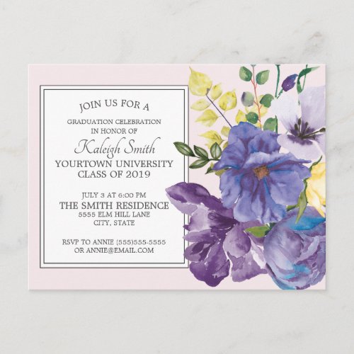 Purple Watercolor Floral on Pink Graduation Party Postcard