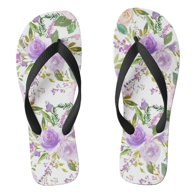 Purple Watercolor Floral Pattern Flip Flops (Footbed)