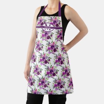 Purple Watercolor Floral Pattern Monogram | Name Apron by TrendyKitchens at Zazzle