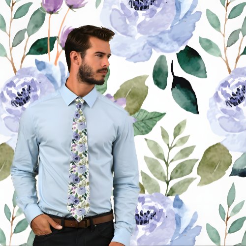 Purple Watercolor Floral Pattern on White Wedding Neck Tie