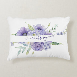 Purple watercolor floral personalized accent pillow