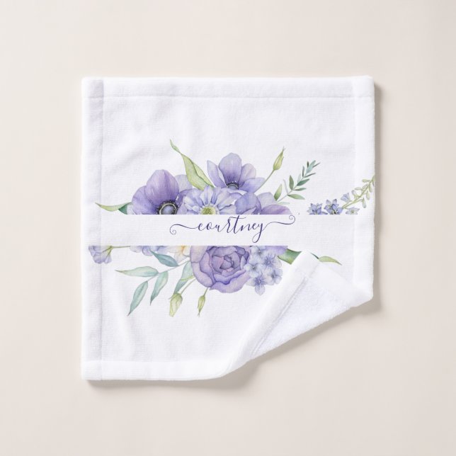 Purple watercolor floral personalized  bath towel set (Wash Cloth)