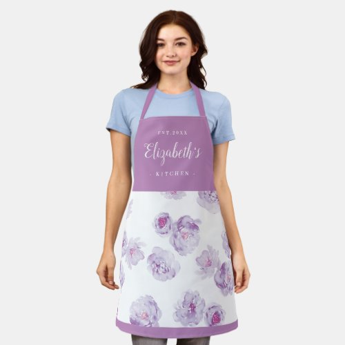 Purple watercolor floral personalized cooking apron