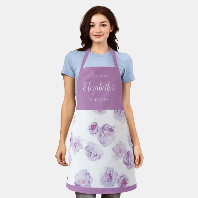 Purple watercolor floral personalized cooking apron (Worn)