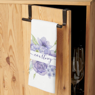 Purple watercolor floral personalized kitchen towel