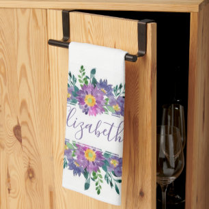 Purple watercolor floral personalized kitchen towel