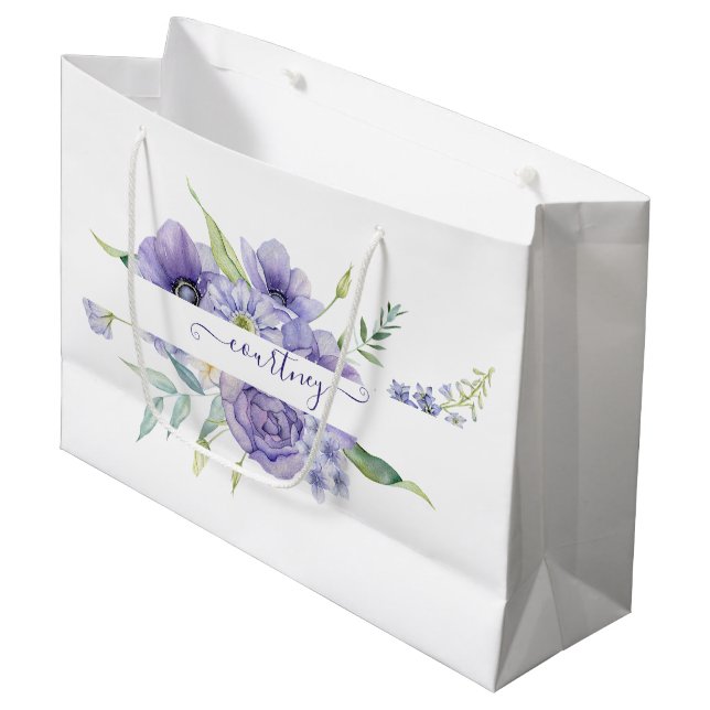 Purple watercolor floral personalized   large gift bag (Front Angled)
