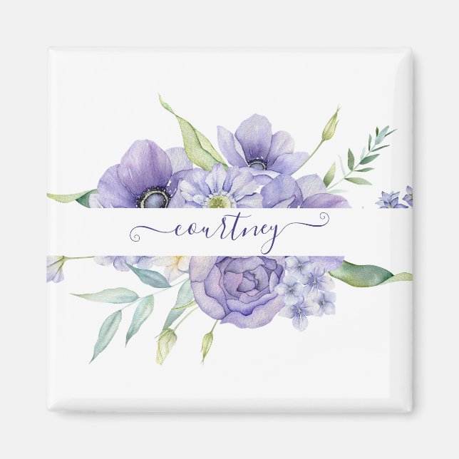 Purple watercolor floral personalized  magnet (Front)