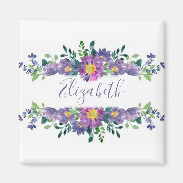 Purple watercolor floral personalized magnet (Front)