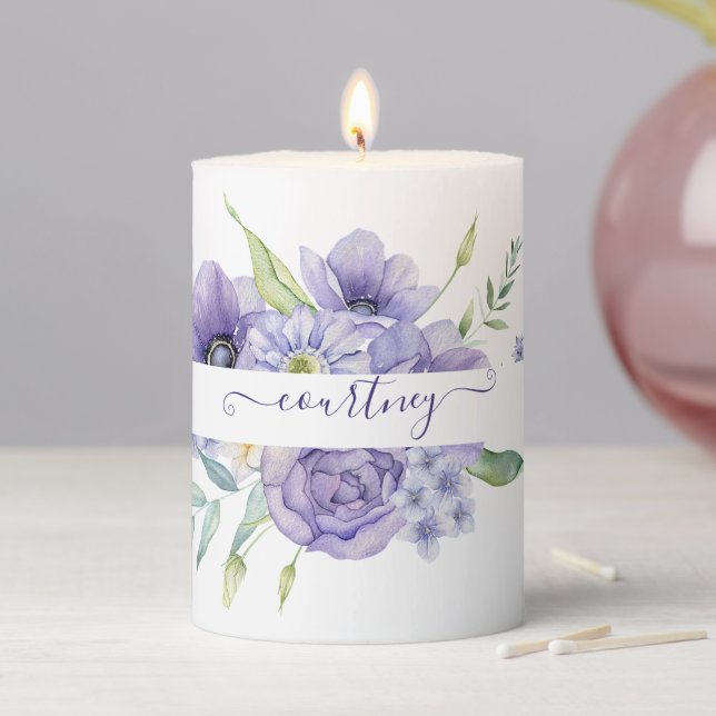 Purple watercolor floral personalized   pillar candle (In Situ)