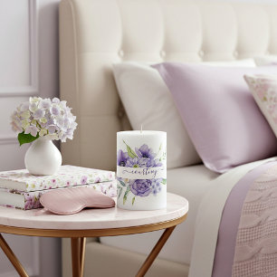 Purple watercolor floral personalized   pillar candle