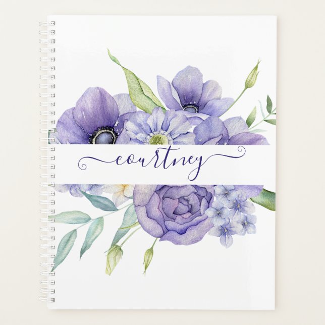 Purple watercolor floral personalized  planner (Front)