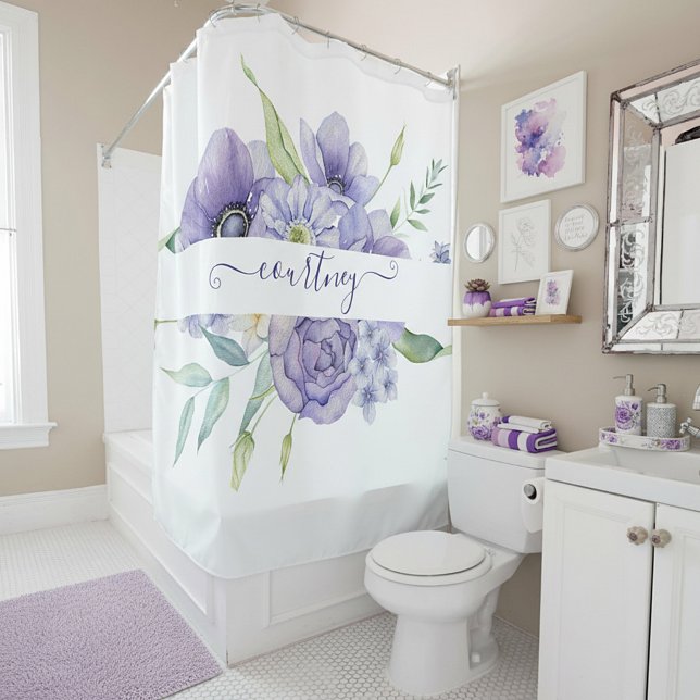 Purple watercolor floral personalized   shower curtain (Creator Uploaded)