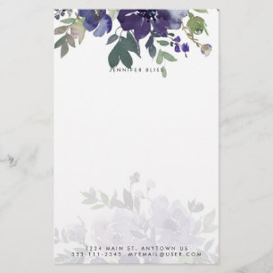 Purple watercolor floral personalized stationery