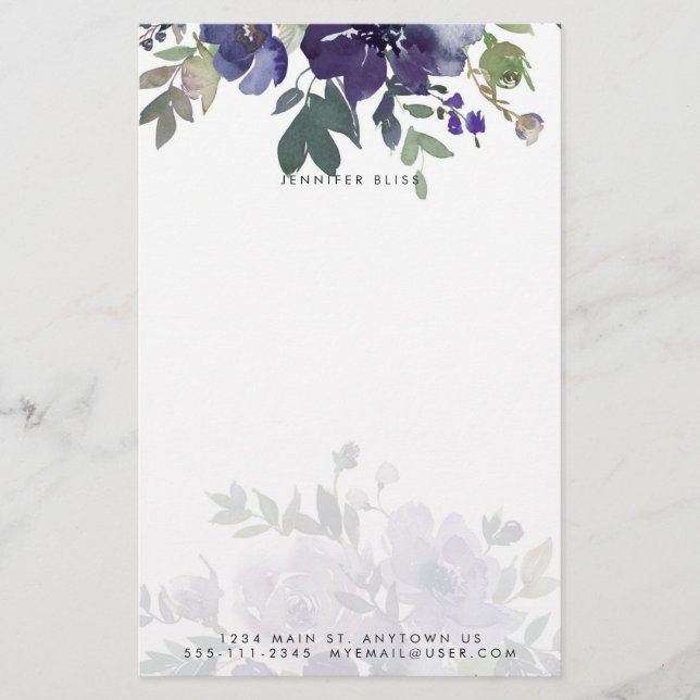 Purple watercolor floral personalized stationery (Front)