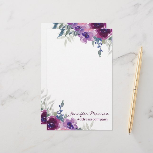 Purple watercolor floral personalized stationery (Front/Back In Situ)