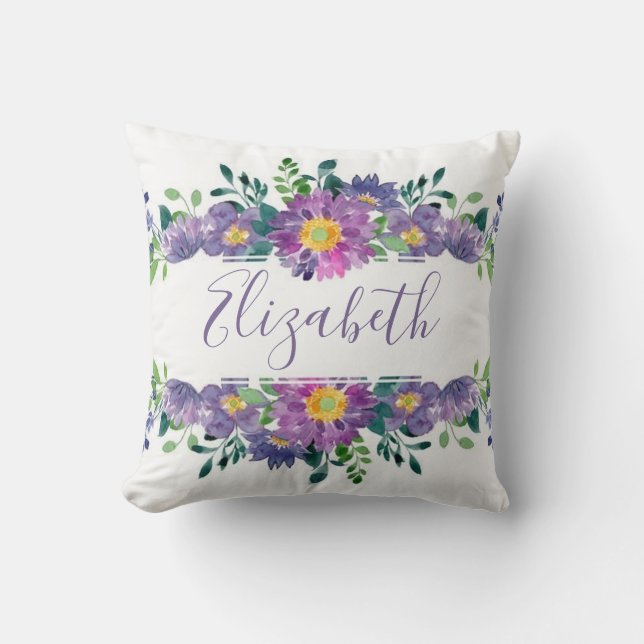 Purple watercolor floral personalized throw pillow (Front)