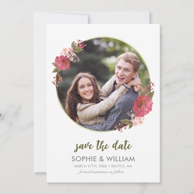 Purple Watercolor Floral Photo Save the Date (Front)