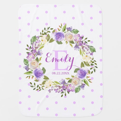 Purple Watercolor Floral Polka Dots Girl Nursery Baby Blanket