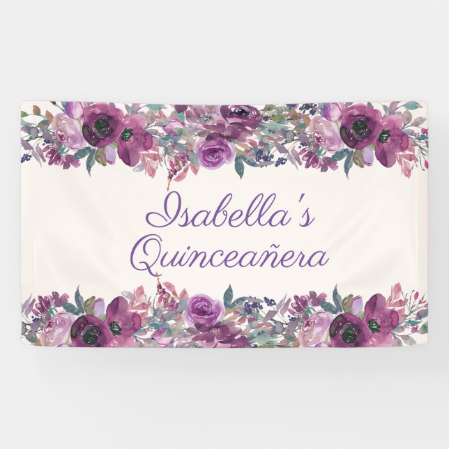 Purple Watercolor Floral Quinceañera Banner (Horizontal)