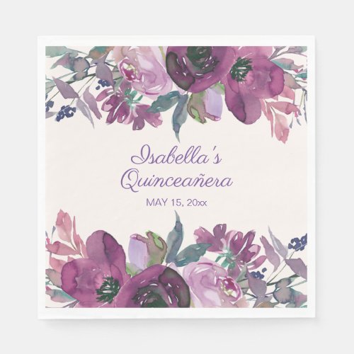 Purple Watercolor Floral Quinceaera Name Date Napkins