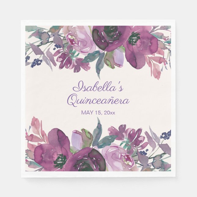 Purple Watercolor Floral Quinceañera Name Date Napkins (Front)