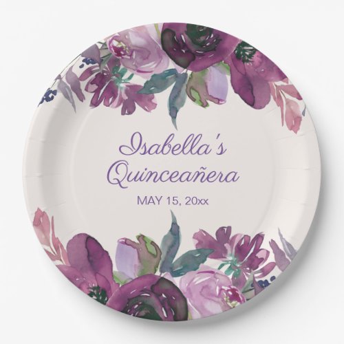 Purple Watercolor Floral Quinceaera Name Date  Paper Plates